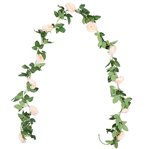 Image of Duovlo 8.2Ft Artificial Peony Flower Garland Hanging Greenery Vine Silk Floral Vine Home Wedding Arch Wall Craft Arrangement Decorations,Pack of 2 (Champagne)