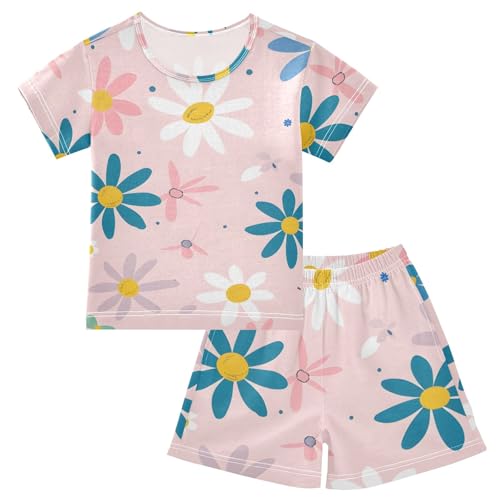 Summer Pajama Set Blue White Purple Pink Flowers, Short Sleeve Sleepwear Nightwear