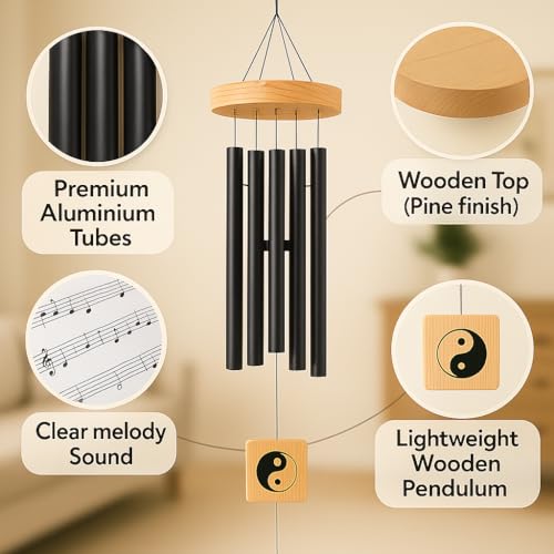Image of 6 Pipe Wind Chimes for Home & Balcony - 28 Inch Aluminum Chime with Pleasant Soothing Tones | Positive Energy & Good Luck Outdoor Garden Decor | Housewarming Gift for Home & Patio (Black)