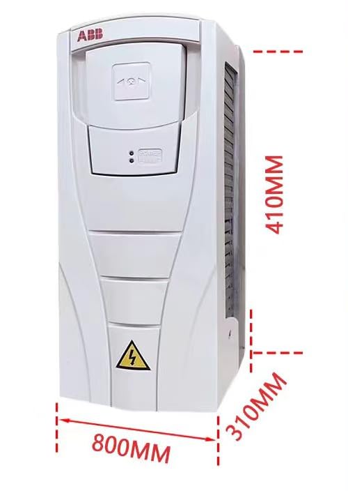 Dimensions of an ABB VFD unit, showing height, width, and depth in millimeters