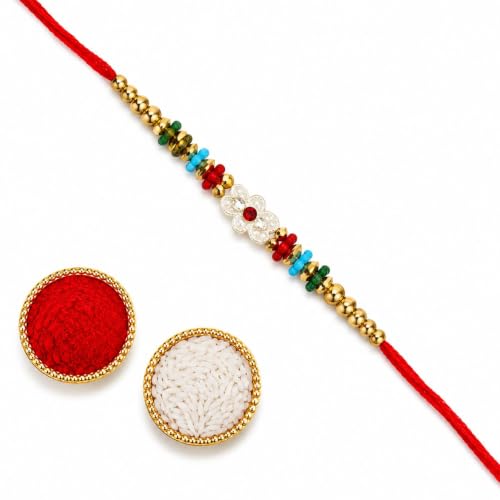 Image of WDK Decorative Rakhi with Multicolour Beads | Crystal Charm, Red Thread, Roli Chawal | Complete Raksha Bandhan Gift for brother (pack -1)