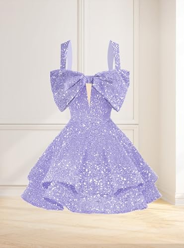 RSOETOO Sparkly Sequin Homecoming Dresses Bow Spaghetti Straps Glitter Mini Prom Dress Short for Teens RO1674