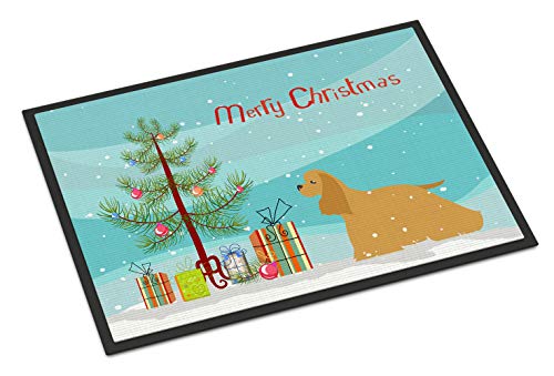 Caroline's Treasures BB2904MAT Cocker Spaniel Merry Christmas Tree Doormat 18x27 Front Door Mat Indoor Outdoor Rugs for Entryway, Non Slip Washable Low Pile, 18H X 27W