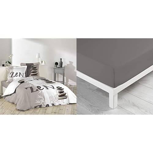 Douceur d'intérieur 1641550 Galets Zen Parure avec 2 Taies d'oreillers Coton Multicolore 240 x 220 cm & Douceur d'intérieur 1640653 Drap Housse Uni Coton 57...