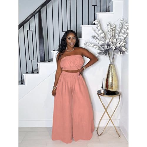 Image of Two Piece Sets for Women Summer Outfits Crop Tops and Wide Leg Pants Sets Sexy Jumpsuits Vacation Outfits with Pockets