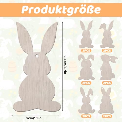 12 Stück Hasen Figuren Osterdeko Modern Set - Osterhase Holz Anhänger zum Basteln & Bemalen - Osterdeko zum Aufhängen für den Osterstrauch - Osteranhänger Holz für eine Ostern deko Modern & Natürlich