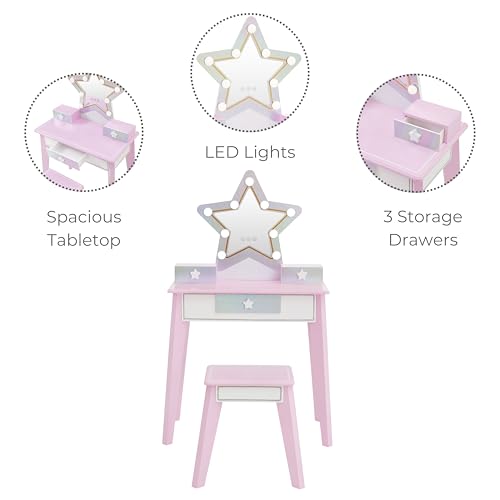 Image of Teamson Kids Star Vanity Set with LED Lights for Girls, Pink 2-Piece Kids Makeup Table with Mirror, 3 Storage Drawers & Matching Stool for Bedroom or Playroom, Ages 3+ Safe | LED Lights, Makeup Table with Mirror, 3 Storage Drawers, Matching Stool, Bedroom or Playroom