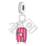 Charm de Viaje, Maleta, Avion, Pasaporte, Plata de Ley 925, Compatible con Pandora, Dijes, Dije, Regalos para Mujer,...