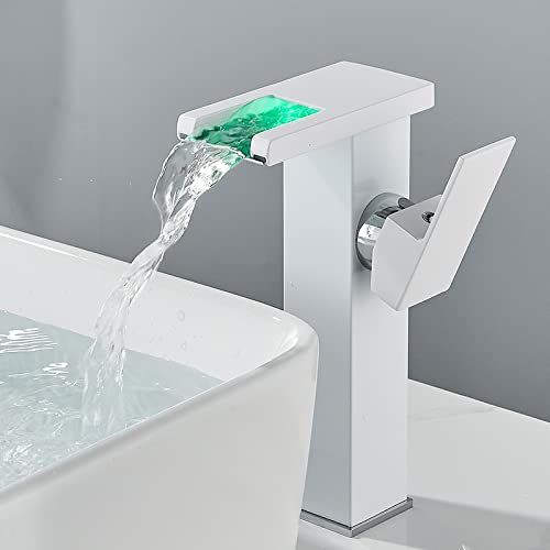 ZYCDP Robinet Lavabo Cascade Led, Mitigeur Lavabo Cascade LED 3 Couleurs Robinet Salle de Bain, Robinet Laiton Salle de Bain, Robinet Cascade Mitigeur Monocommande, blanc, Haut