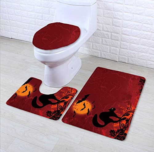 Antidérapant Tapis de Salle de Bain Ensemble de 3 Pièces Chat Chauve-Souris Halloween Doux Ensemble de Salle de Bain Tapis WC Couverture de Toilette Siège pour Contour Tapis Salle de Bain Cover