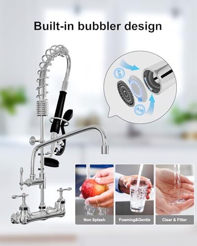 Commercial Sink Faucet,Commercial Faucet with Sprayer Adjustable Center Wall Mounted Restaurant Faucets,12" Spout andPull-Down Pre-Rinse 25” Height Suitable for 1, 2 or 3 Sinks