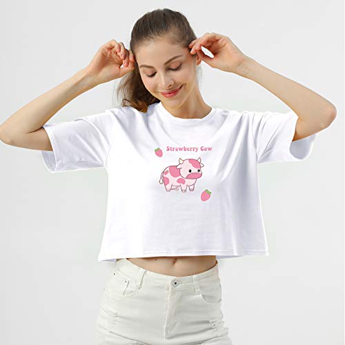 Image of KEEVICI Girls' Cute Strawberry Cow Print T Shirts Short Sleeve Crop Cotton Tops