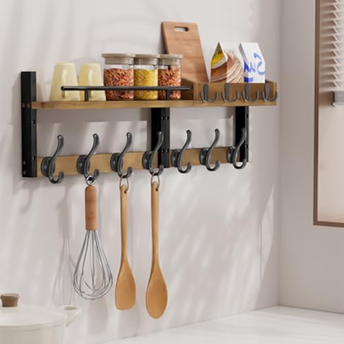 Image of 29 inch Coat Rack Wall Mount with Shelf, Entryway Wall Shelf with Hooks, Heavy Duty Coat Hanger Wall Mount with Key Holders and Mail Organizer for Living Room, Bedroom, Wooden Brown & Black