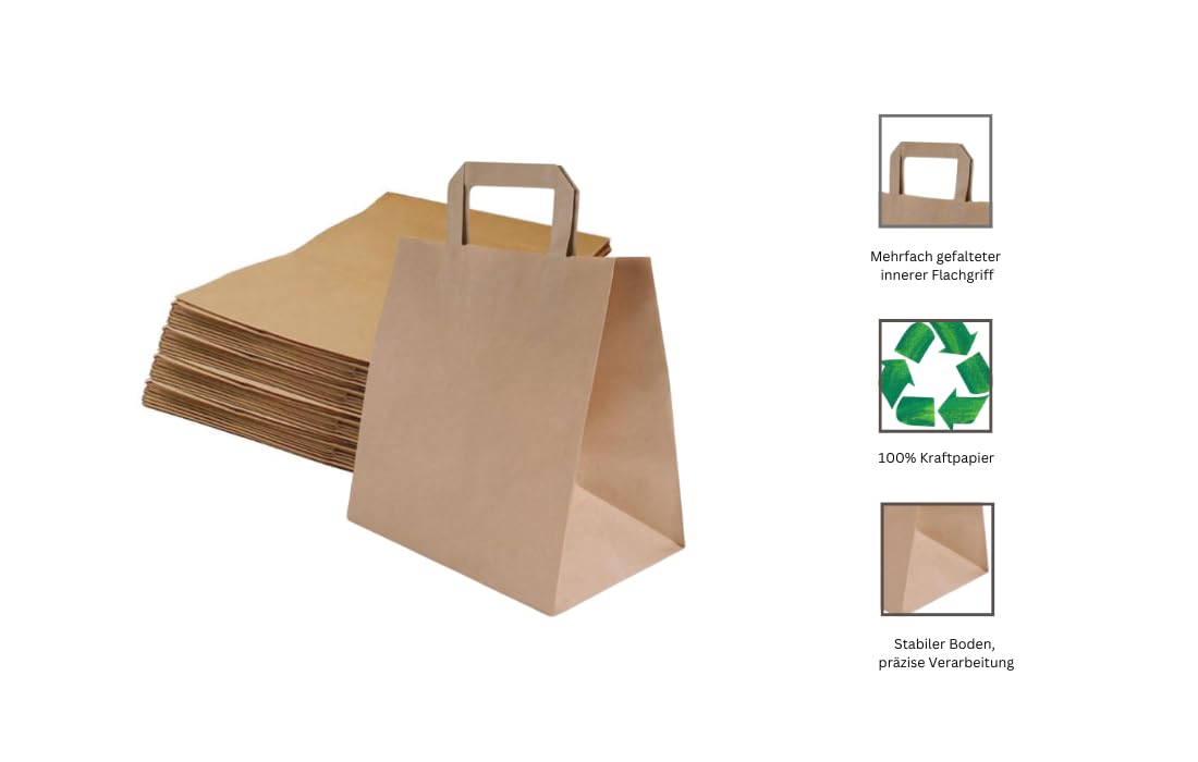 Papiertragetasche, Geschenktüten, Kraftpapiertragetasche 28+17x28 cm Braun- 250 Stück