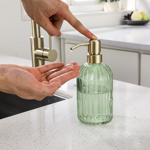 Image of 16Oz Green Glass Soap Dispenser with Rust Proof Stainless Steel Pump, Green Stripe Bathroom Hand Dish Lotion Dispensers with Brushed Gold Pump,Brushed Gold Glass Soap Dispenser,2 Packs