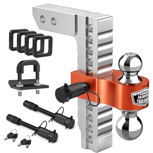Image of Kohree Adjustable Trailer Hitch Fit 2 Inch Receiver, Dual Solid Ball 2 inch and 2-5 /16 inch(12,500 LBS GTW), 10 inch Drop & Rise Heavy Duty Aluminum Tow Hitch with 4 Silencer Pads & 2 Locking Hitch Pin, Orange