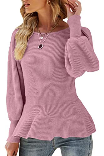 Image of Womens Fall Puff Sleeve Peplum Casual Slim Fit Knit Pullover Sweater Jumper Tops