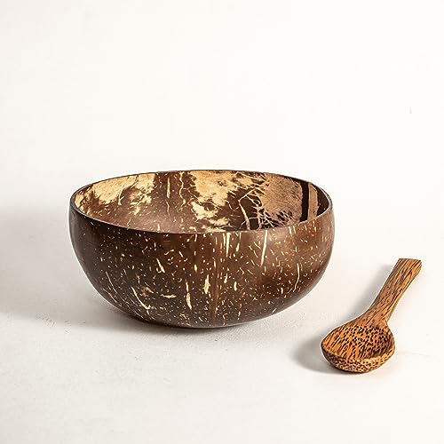 Image of Thenga Handmade Coconut Bowl with Coconut Wood Spoon 500 ML Combo | Reusable natural tableware, polished artisan finish, ideal for smoothie bowls, salads, cereals, snacks and gifting