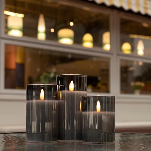 Image of Grey Glass Flameless Candles Real Wax LED Pillar Candles Set of 3 | 3D Black Wick Flame Effect Warm Flickering Glow 2 /4 /6 /8H Timer Safe Home Lighting for Bedroom, Wedding & Holiday Decor