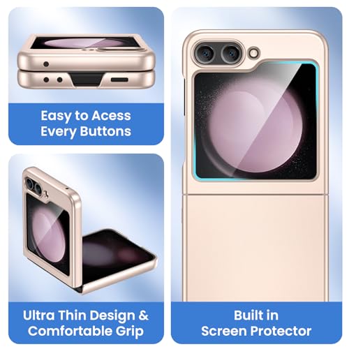 Image of Ruky for Samsung Z Flip 5 Case, with Built-in Screen Protector, Gold | Full Body Hard PC Slim Anti-Scratches Shockproof Wireless Charging Women Girls Phone Case for Samsung Galaxy Z Flip 5, Gold