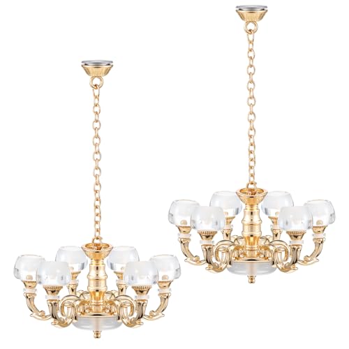 Fumete 2 Pack Mini House Chandelier Models 1/12 Scale Miniature Chandelier Fake Lights Decorations Small Ceiling Lamp Models for Mini Houses Accessories(No Battery)