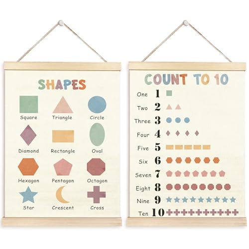Image of TAEDIN Numbers Shapes Wall Art Poster Hanger Frame Set of 2 - Nursery Kids Playroom Wall Decor with Wood Frames, Educational Flag Decor for Toddler Playroom Nursery, 12x16 Inches
