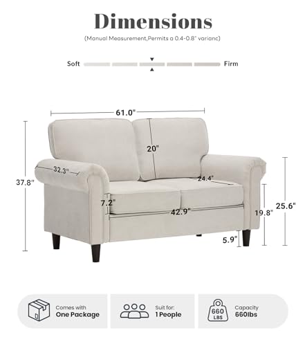 Image of Kingfun Loveseat 2 Seater Couch, Mid Century Modern Chenille Sofa with Rolled Arms and Deep Seats, Fluffy Comfort for Living Room, Apartment, Easy Assembly, Beige
