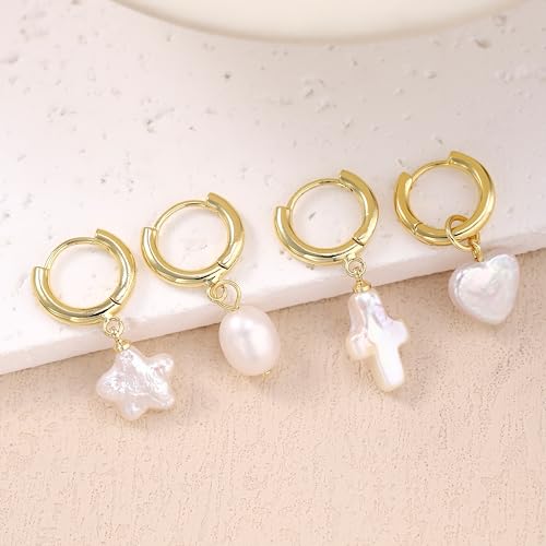 Cross Heart Pearl Drop Dangle Earrings For Women Baroque Freshwater Hoop Star 14k Gold Dangling Dainty Trendy Jewelry 6