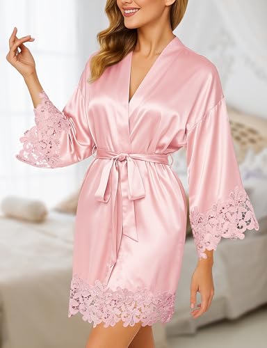 Image of EPLAZA Bride Robe for Wedding Day Set Bridal Robe Lace Trim Silky Embroidery Satin Kimono for Bridal Party