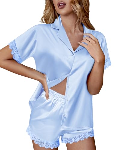 Image of Ekouaer Womens Lace Satin Pajama Set Button Down Pj Shorts Set Bridesmaids Getting Ready Outfits Casual Sleepwear XS-XXL