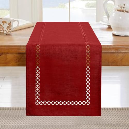 BAZIOE Modern Table Runner Red Linen Table Runner Washable Openwork Design Ideal for Holiday Party Decoration, Dining Table, Restaurant, Christmas Party