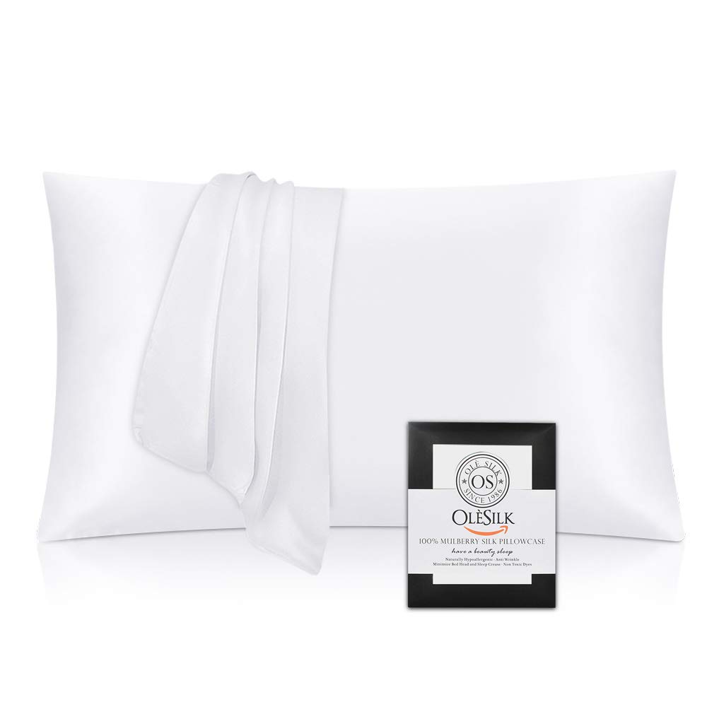 OLESILK Funda de Almohada 100% Seda de Doble Cara - Tacto Suave y Muy Buena transpirabilidad, Bueno para la Piel y el Cabello, 19Momme, Blanco, 40x90cm