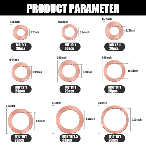Image of 200 PCS Car Gasket Assortment Combination Set, M5 M6 M8 M10 M12 M14 Multi-Specification Metric Copper Engine Oil Pan Sealing Flat Gasket, Universal for Car Replacement Accessories (Gold)