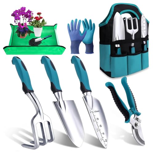 ROCKY&CHAO Gartenwerkzeug-Set, 7 Stück Garten Hand Werkzeuge, Rost-Sicht Gartenarbeit Set mit dauerhafter Aufbewahrungstasche, Ergonomischer Anti-Rutsch-Griff Gartengeräte (Pfauenblau) ROCKY&CHAO Gartenwerkzeug-Set, 7 Stück Garten Hand Werkzeuge, Rost-Sicht Gartenarbeit Set mit dauerhafter Aufbewahrungstasche, Ergonomischer Anti-Rutsch-Griff Gartengeräte (Pfauenblau)