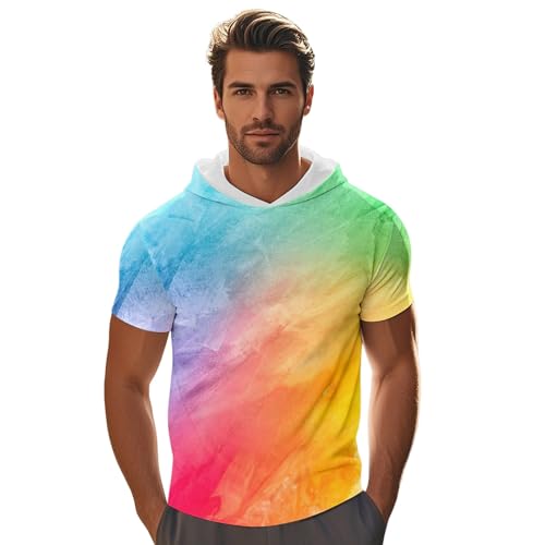 Caxndycing Regenbogen Kapuzenshirt Herren Tshirt Mit Hoodie Kurzarm Hoody LGBTQ Pride Parade Outfit CSD Party Sportshirt Rainbow Flagge Kapuzenshirt Bunt Grafik Sommershirt