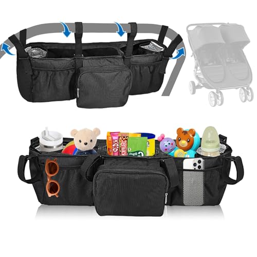 Double Stroller Organizer Compabitle with Bob Duallie&Baby Jogger City Mini GT2 Stroller,Stroller Organizer Caddy Accessories,Double Stroller Parent Console Accessories With Two Insulated Cup Holders