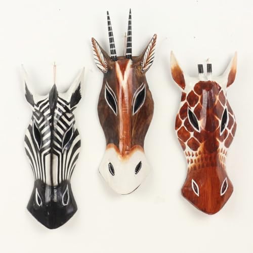 Oriental Galerie 3er Set Giraffe Zebra Antilope Wandmaske Holzmasken Maske Afrika Handgeschnitzte Exotische Tiermaske ca. 30 cm