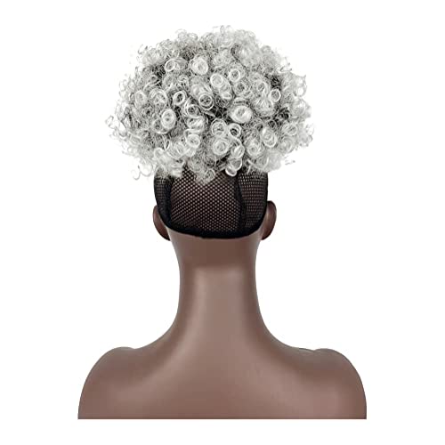 Gray Afro Puff Drawstring Ponytail With Bangs Salt And Pepper Wigs For Women Afro High Puff Bun With Bangs Short Afro Kinky Curly Hair Bun With Bangs Uamy Hair Synthetic Ponytail Extensions With Clips In(T1B/Gray ) #TOP6