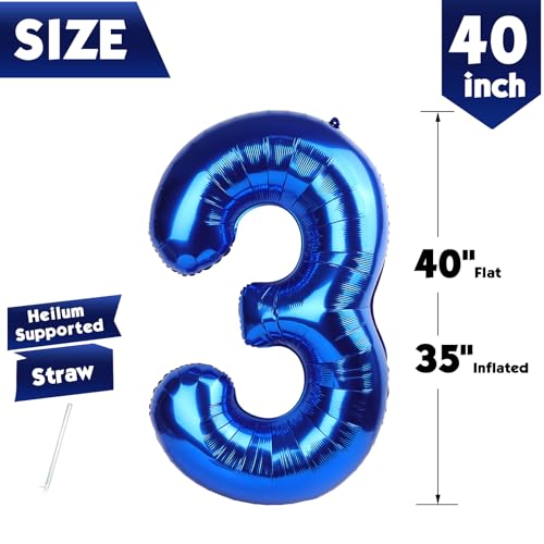 Image of 40 Inch Navy Blue Number 3 Balloon, 3rd Blue Birthday Party Decorations