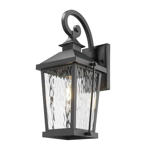 Image of zeyu 16 Inch Outdoor Wall Lighting, Modern Black Exterior 1-Light Wall Lamp for Porch Backyard, Die-Cast Aluminum with Water Ripple Glass, Black Finish, ZW105B BK-SW