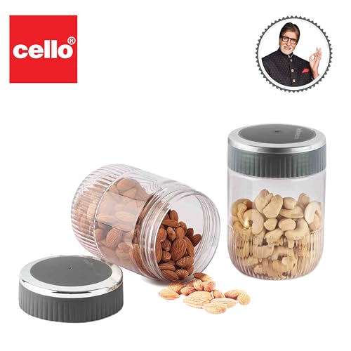Image of CELLO Mint Storage Canister For Kitchen Set of 2, (750 ml x 2), Grey | Food Grade, Stackable, See Through | Nestable Storage Pet Container with Lid for Food, Pulses, Spice, Cereals, Cookies, Dry Food