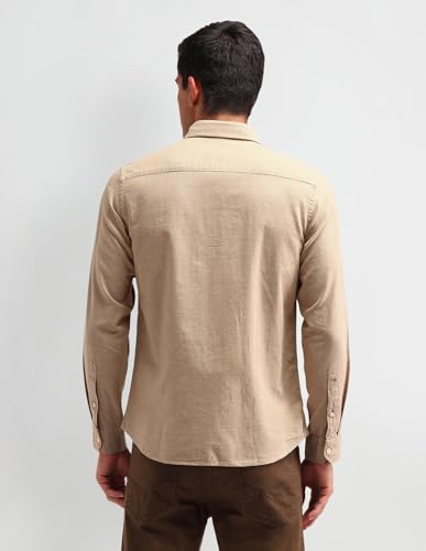 Image of U.S. Polo Assn. Denim Co. Mens Beige Textured Button Down Long Sleeve Casual Cotton Slim Fit Button Down Shirt