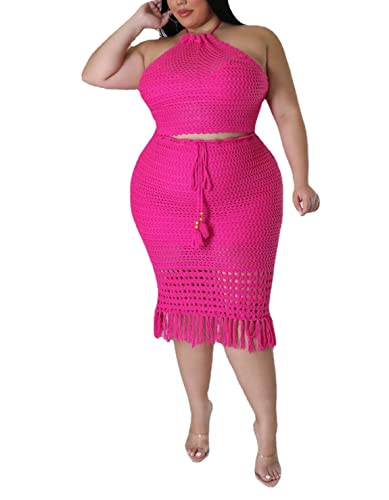 Image of Women Plus Two-Piece Skirt Set Tassel Fishing Net Knittin Hollow Out Off Shoulder Beach Dresses Swimsuit Cover Ups