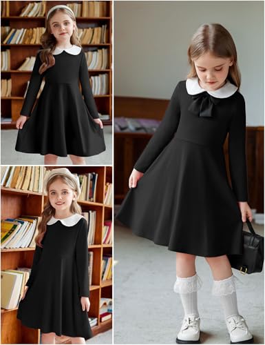 Arshiner Girls Long Sleeve Dress Casual Vintage Peter Pan Collar Swing Party Dress Black 5-6 Years thumb #3