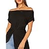 SheIn-Womens-Elegant-Asymmetrical-Twist-Front-Off-Shoulder-Top-Plain-High-Low-Blouse SheIn Women's Elegant Asymmetrical Twist Front Off Shoulder Top Plain High Low Blouse Black Large