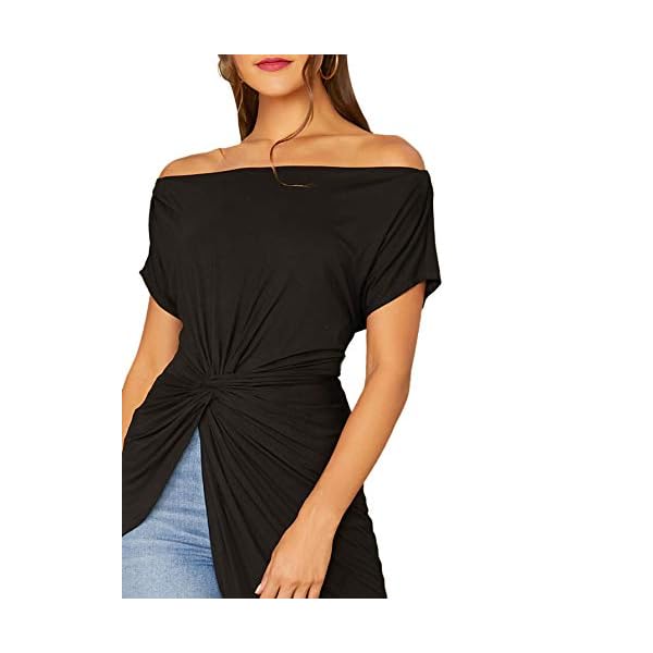 SheIn-Womens-Elegant-Asymmetrical-Twist-Front-Off-Shoulder-Top-Plain-High-Low-Blouse SheIn Women's Elegant Asymmetrical Twist Front Off Shoulder Top Plain High Low Blouse Black Large