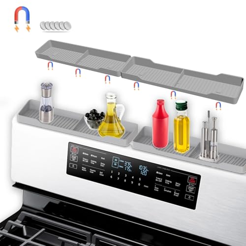 Pukaock 30 Inch Magnetic Silicone Stove Top Shelf,Heat Resistant Over The Stove Spice Rack for Kitchen,Space Saving Organizer Back of Stove,Includes 6 Additional Sticky Boards(Light Grey,30''x3.8'')