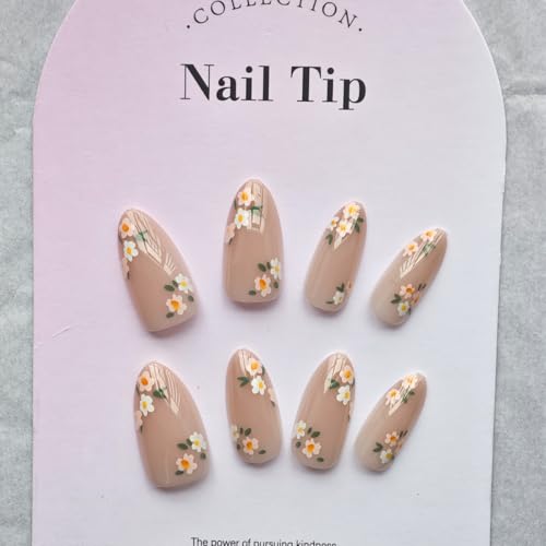 Image of Small Flower Press on Nails Nude Full Cover Fake Nails Medium Almond False Nails with Design Spring Summer Nail Reusable Artificial Acrylic Stick on Nails for Women Manicure 24Pcs