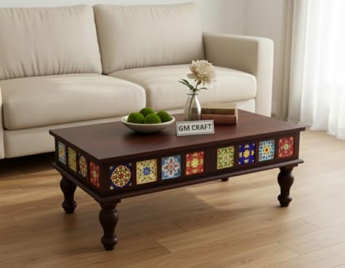 Image of Sheeshsam Wooden Center Coffee Table - Solid Wooden Coffee Table for Living Room - Tea Table Teapoy Center Piece for Home Sofa Center Table for Living Room (Walnut, Jesse)