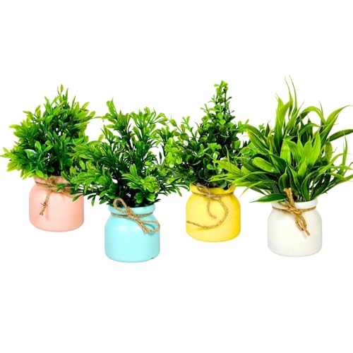 Image of Dekorly Plastic 4pcs Artificial Pot Flowers Small Fake Plants with Pot Mini Potted Plants for House Office Tabletop Decoration (Pack of 8 Multi)